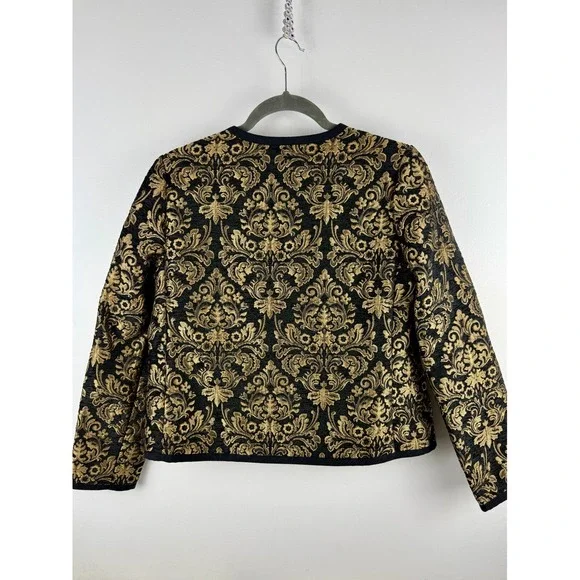 OLD NAVY Black Gold Brocade Jacquard Collarless Jacket Blazer‎ Women Size M - Picture 4 of 15